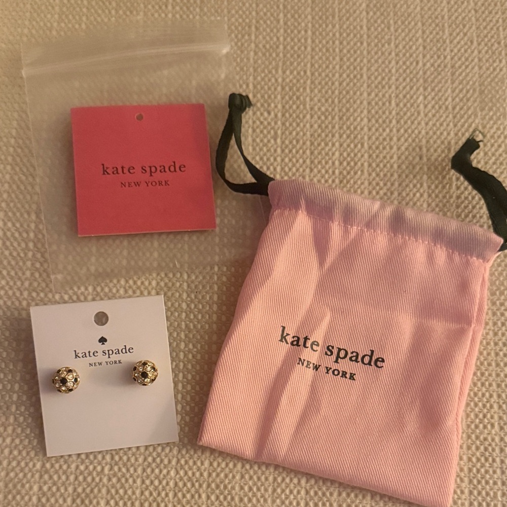 Kate Spade Gold Round Crystal Stud Earrings with black and clear crystals